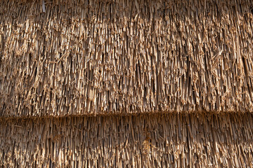 Close-up of a traditional thatched roof with tightly bound straw. The handcrafted roof demonstrates structure and rustic construction.