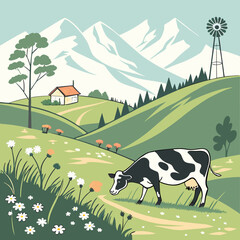Serene countryside vista with grazing cow and distant mountains in vector style