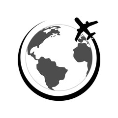 Flight airplane on the globe vector icon logo