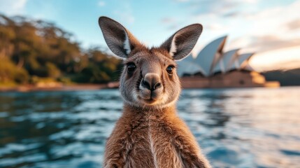 Fototapeta premium A curious kangaroo stands by the shimmering water, with iconic landmarks in the background, embodying the spirit of wildlife and nature in a vibrant Australian landscape.