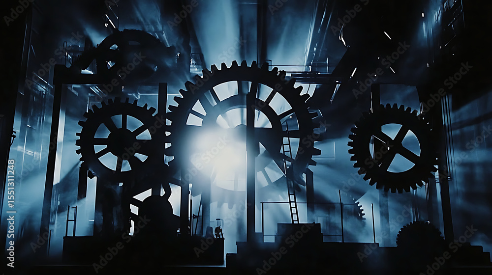 Poster a series of gears are shown in a dark room with a bright light shining on them. scene is mysterious 
