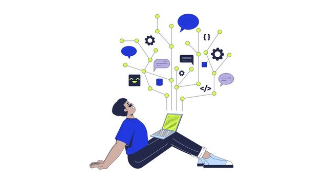 Joy of programming 2D animation. IT school course. Coding education. Dev elearning. Developer student sitting with laptop animated character cartoon flat concept metaphor 4K video isolated on white