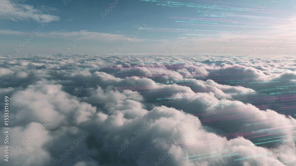 Poster aerial view of cloudscape with faint digital signal lines weaving through the bright white clouds an
