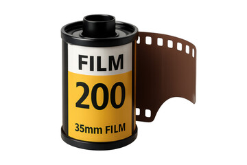 Vintage film canister with partially exposed 35mm strip, revealing analog photography process against clean background