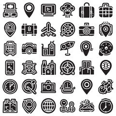 Travel and Location Line Icons Set 3 – Navigation, Map Pin, Luggage, and Destination Vector Symbols. A modern line icon set representing various travel and location themes.
