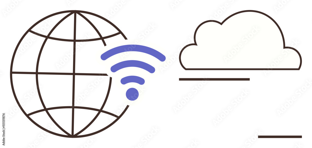 Poster globe icon with wireless signal connecting to minimalist cloud lines. ideal for technology, communic