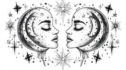 Hyper realistic 3d render Celestial Twins: Mystical Moon and Star Art Print AI Generative