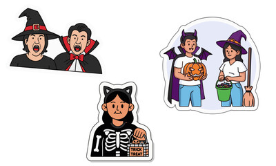 Halloween Characters in Costume: Vampires, Devil, Witch, and Skeleton