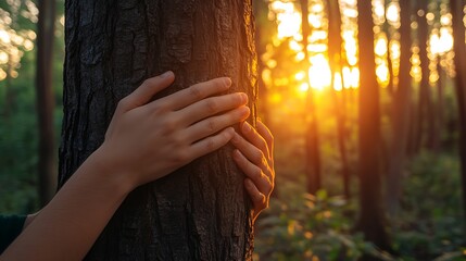 Hands embracing a tree trunk, connection to nature, serene forest background, soft sunset lighting emotional concept