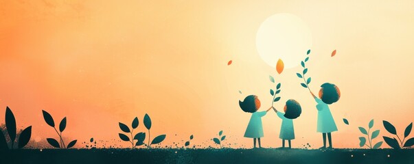 Children playfully interact with nature under a bright sunset, showcasing joy and connection.