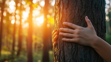Hands embracing a tree trunk, connection to nature, serene forest background, soft sunset lighting emotional concept