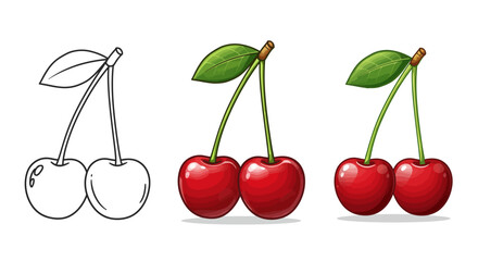Two fresh, ripe red cherries with green leaves and stems are isolated on a white background in this delicious, healthy vector illustration