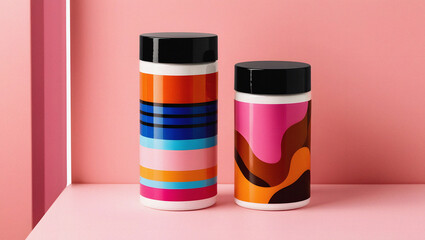 Two modern abstract decorative jars with colorful geometric patterns and black lids on pink background