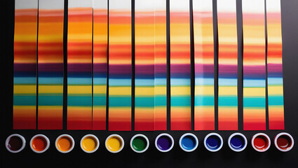 Vibrant array of color samples with matching paints on black background artistic illustration
