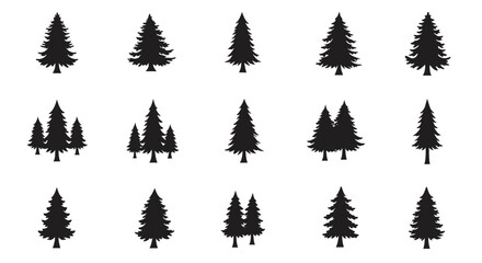 Obraz premium A festive winter forest illustration featuring a set of pine tree silhouettes and green fir tree vectors, perfect for Christmas holiday decoration