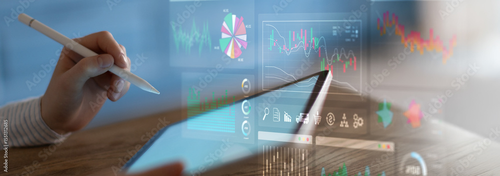 Poster financial analytics and data visualization displayed on a digital tablet in a modern business enviro