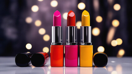 Vibrant colorful lipsticks displayed against a soft bokeh background promoting beauty and cosmetics