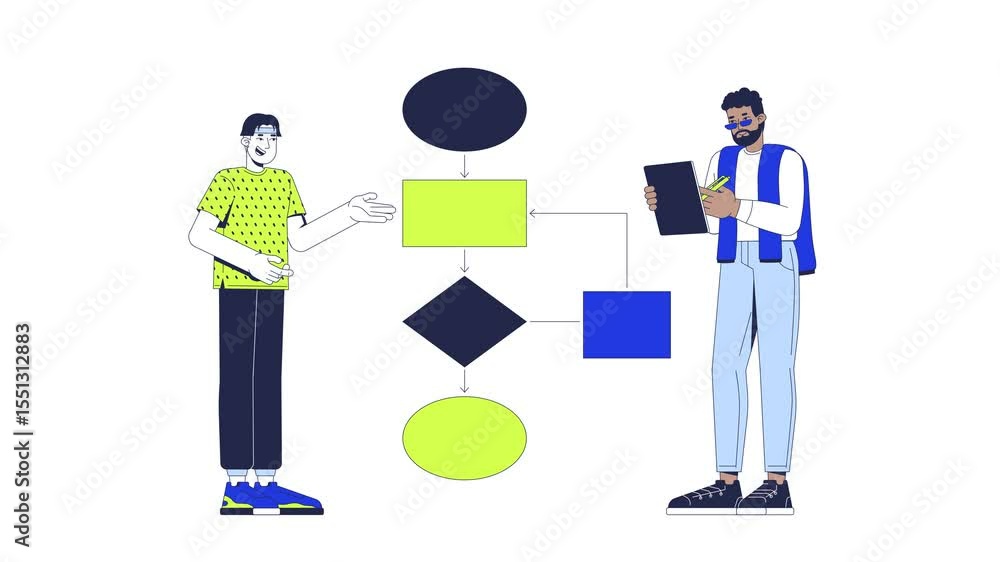 Poster learning data structures and algorithms 2d animation. it school. teacher explaining flowchart in pro