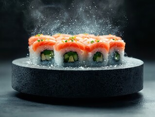 Delicious sushi rolls on a dark stone platter, steam rising for a captivating presentation.