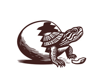 Yellow-Bellied Slider Hand Drawn Natural Illustration Stylized as Linocut Vector Isolated by AZ for Books, Arts, Design and Decoration Graphic Asset