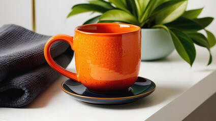 Vibrant orange ceramic coffee mug with saucer on a white surface with green plant
