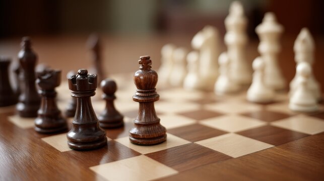 Intense closeup of a strategic chess game featuring a wooden board and finely carved dark and light pieces in midmove, capturing focus, tension, and concentration.