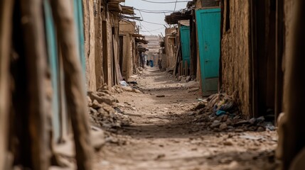 A narrow alleyway flanked by weathered buildings showing signs of wear and tear, capturing the essence of urban life in a rustic setting with vibrant blue doors.