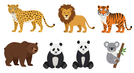 Cute cartoon wild animals vector collection with lion, tiger, elephant, giraffe, bear, dog, and cat illustrations