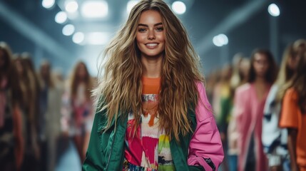 Obraz premium A model walks confidently in a vibrant outfit at a fashion show, showcasing the latest trends and styles in an energetic and colorful atmosphere filled with joy.