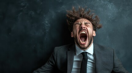 A distressed businessman screams passionately against a dark background, visually illustrating the struggles of modern work life and internal conflicts in a powerful manner.