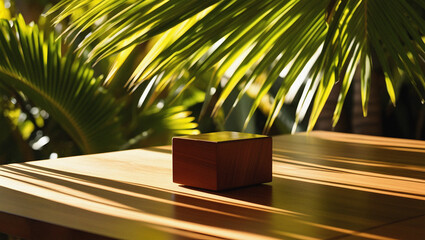 Wooden product display mockup on a table with natural sunlight and palm leaves background