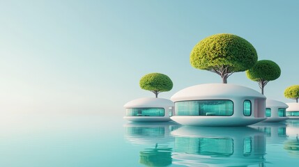 Futuristic architecture with eco-friendly design amidst tranquil waters and greenery.