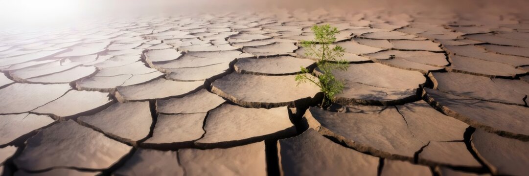 Small sprout rising from cracked dry earth under harsh sun – Perfect for drought awareness campaigns, environmental nonprofits, or hope-centered media - Powered by Adobe