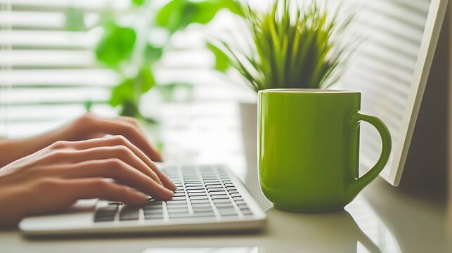 Hands Typing on Keyboard with Green Mug Close-Up of Productive Work Scene