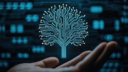 Futuristic hand holding a digital tree symbolizing innovation and connectivity.
