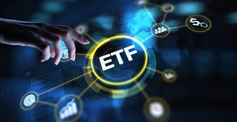 ETF Exchange-Traded Fund Investment Strategy, projection on a virtual screen, Business and Technology Concept.
