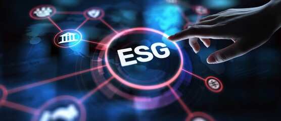 ESG Environmental, Social, and Governance Standards for Sustainable Business Practices, projection on a virtual screen, Business and Technology Concept.