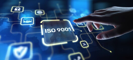 ISO 9001 Quality Management System Standards, projection on a virtual screen, Business and Technology Concept.