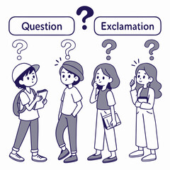 Students pondering question and exclamation marks