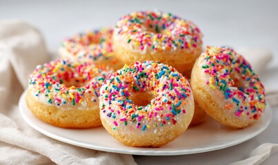 A plate of colorful donuts with white icing and rainbow sprinkles.