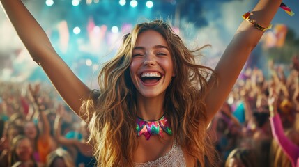 A vibrant festival scene featuring a smiling woman with wavy blonde hair, wearing a stylish necklace and a delicate top, her arms raised in joy, surrounded by a colorful crowd under glowing lights