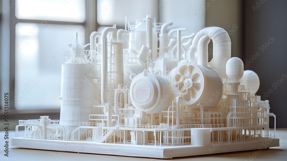 Aufkleber a model of a factory with a blue and white color scheme. the model is made of paper and has a very i
