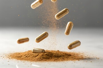 Herbal Capsules Falling with Brown Powder