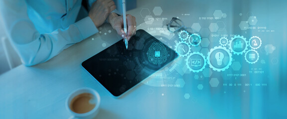 Artificial Intelligence and Automation Workflow System Illustrated on a Digital Tablet Interface.