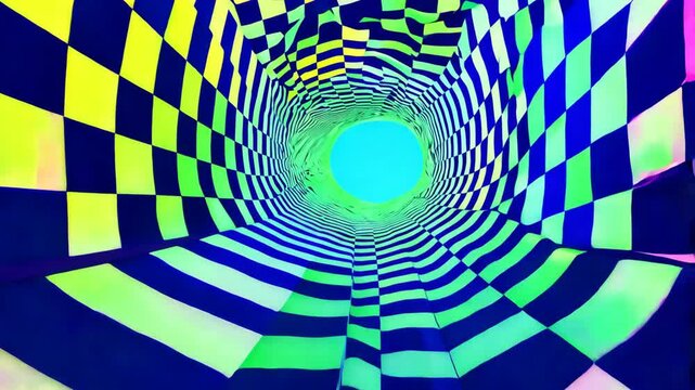 Abstract tunnel with pink and black checkered patterns leading to a glowing blue circle. Hypnotic psychedelic design.