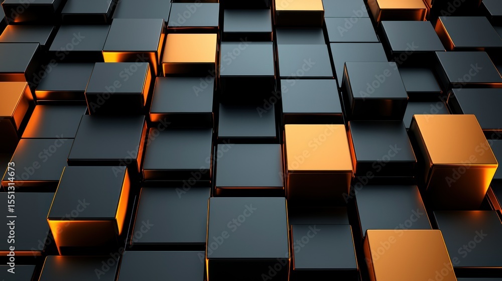 Poster 3d cubes. dark grid with gold highlights in pattern