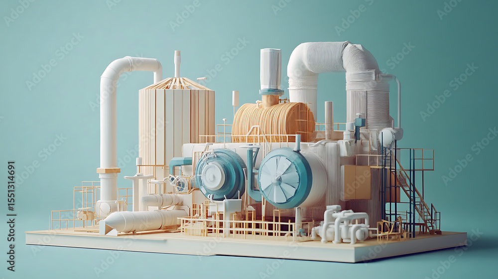 Aufkleber a model of a factory with a blue and white color scheme. the model is made of paper and has a very i