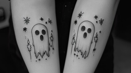 Hyper realistic 3d render Matching Ghost Tattoos: Spooky Cute Arm Ink Designs AI Generative