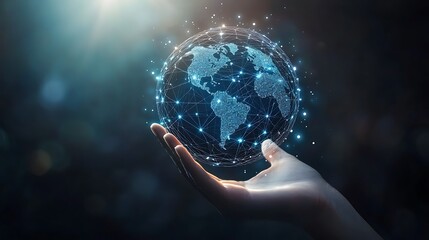 Human hand holding digital globe of world connecting people and technology in futuristic concept
