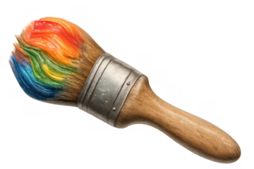 Multicolored paintbrush dripping vibrant paint, symbolizing creative artistic expression against transparent background